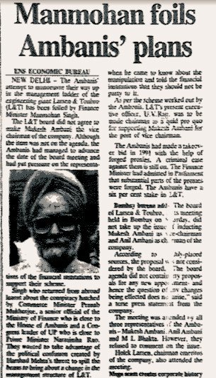 IndiaHistorypic's tweet image. 1993 :: Manmohan Singh Foils Ambanis&apos; Plans 

L&amp;amp;T Board Did Not Agree to Make Mukesh Ambani The Vice Chairman of The Company 

( Photo - Indian Express )
