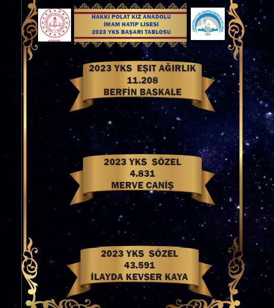2023 YKS'de Adana Kıvanç Erkek İHL, Hümeyra Ökten Kız İHL ve Hakkı Polat Kız İHL öğrencileri derece yaparak büyük başarı gösterdiler.

Adana'mızın gururu olan öğrencilerimizi, ailelerini ve öğretmenlerini tebrik ederiz.