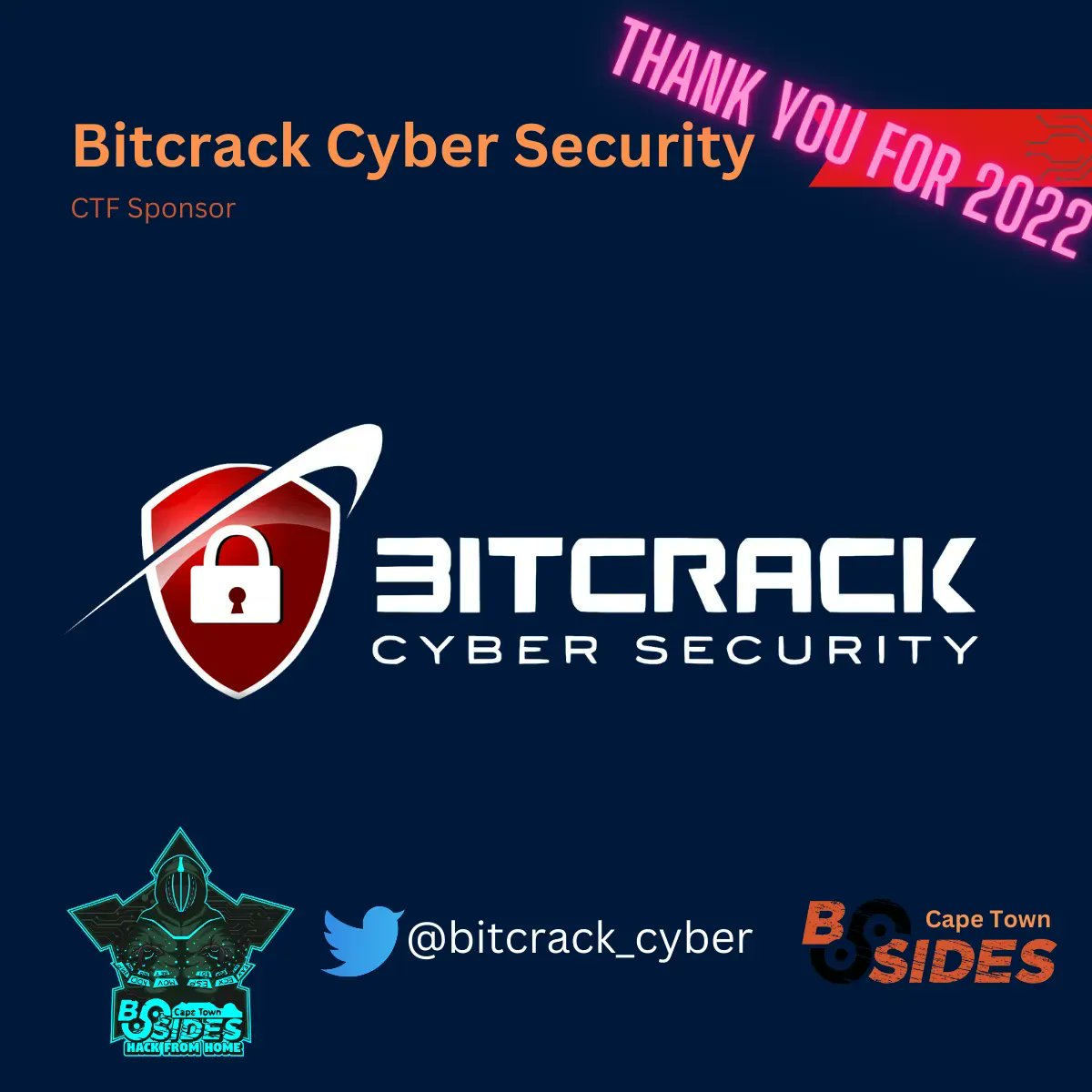 🥉 We want to express our appreciation to Bitcrack Cyber Security, our Bronze sponsor. Your commitment to cybersecurity excellence is commendable. Join us at BSides Cape Town 2023 and be part of the security revolution! #BronzeSponsor #BSidesCapeTown
<a href="/bitcrack_cyber/">Bitcrack Cyber Security</a>