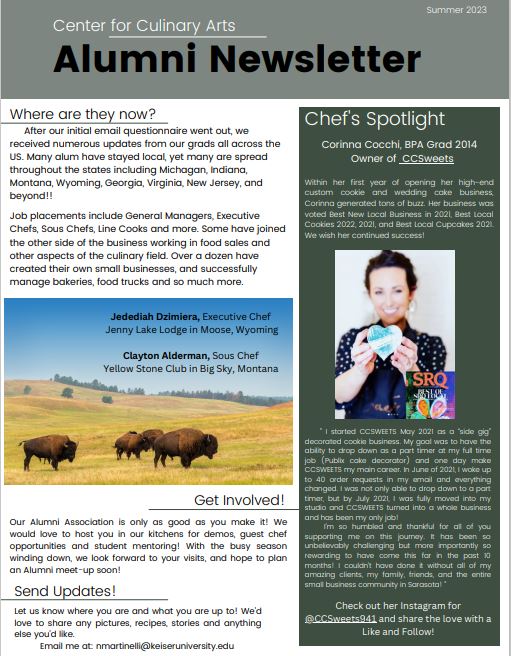 KeiserU's tweet image. Hats off to these chefs!
Hear about the great kitchens across the country where #KeiserU Sarasota #Culinary grads are showcasing their talents.
The inaugural Summer #AlumniNewsletter is dishing out career highlights, upcoming events, and chef spotlights.