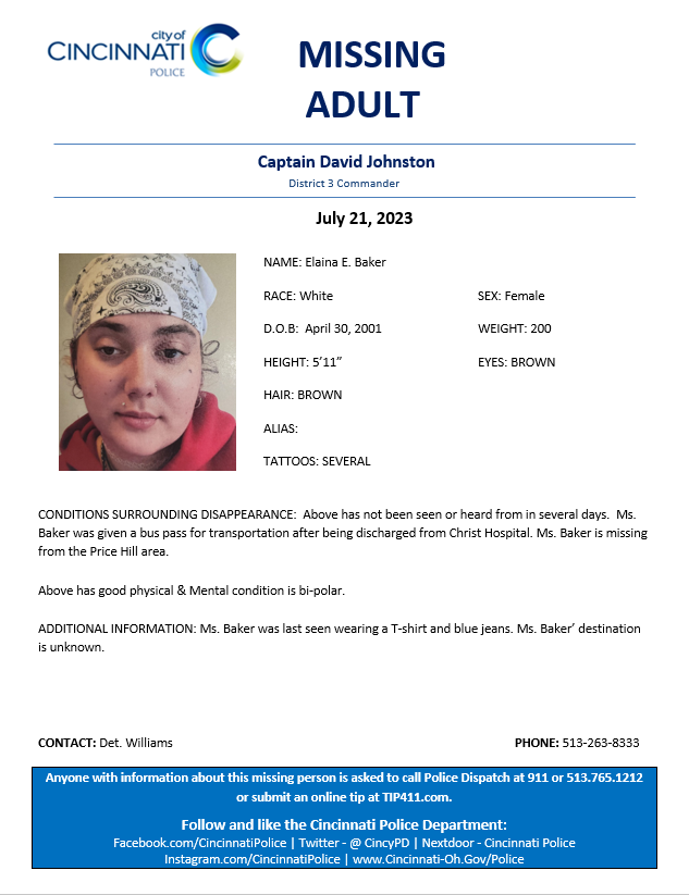 CincyPD's tweet photo. Cincinnati Police Department District 3 needs assistance locating the listed missing adult, Ms. Baker.               

Please see attached information and contact Detective Williams with any further information at 513-263-8333. @CincyPD https://t.co/jSk9e4rKJf
