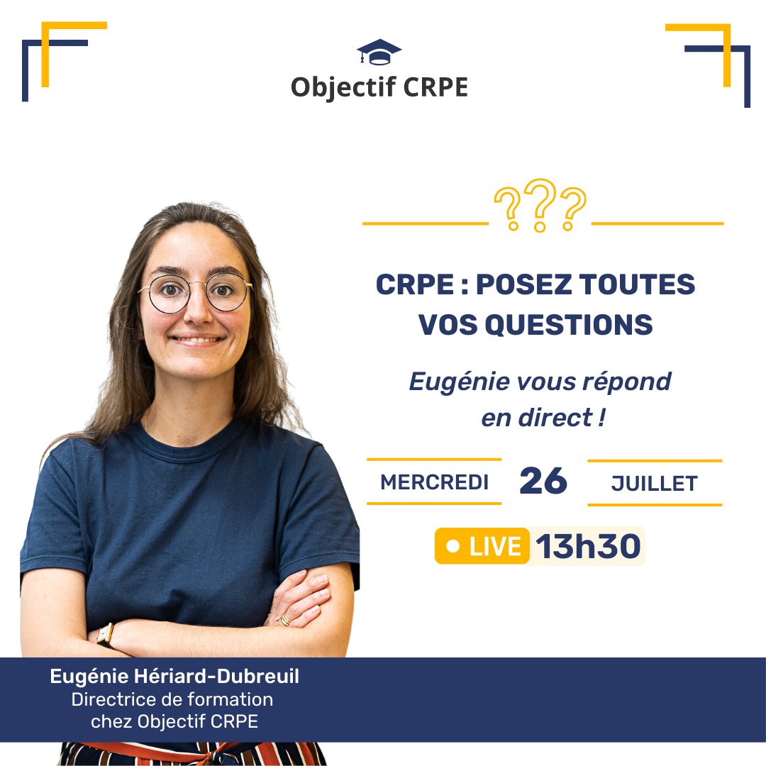 ObjectifCrpe's tweet photo. J-5 avant notre live ! 🔥 Inscrivez-vous dès maintenant 👉 https://t.co/QDQEpHnxcU
Rendez-vous le mercredi 26 juillet à 13h30 en live. Vous pourrez poser toutes vos questions, Eugénie y répondra en direct !
#crpeiste #objectifcrpe #profeseurdesecoles #crpe https://t.co/3aeJ0lEkmf