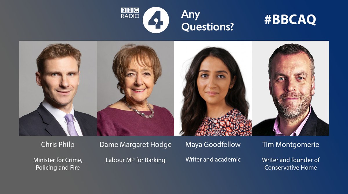 BBCPolitics's tweet photo. On Any Questions, @AlexForsythBBC is at the Quadram Institute in Norwich. On the panel are Maya Goodfellow, Margaret Hodge MP, Tim Montgomerie and Chris Philp MP. #BBCAQ

Listen 8pm Friday / 1.10pm Saturday @BBCRadio4 or on demand on @BBCSounds https://t.co/kW6tgkbJLy https://t.co/iS7LnZWoLQ