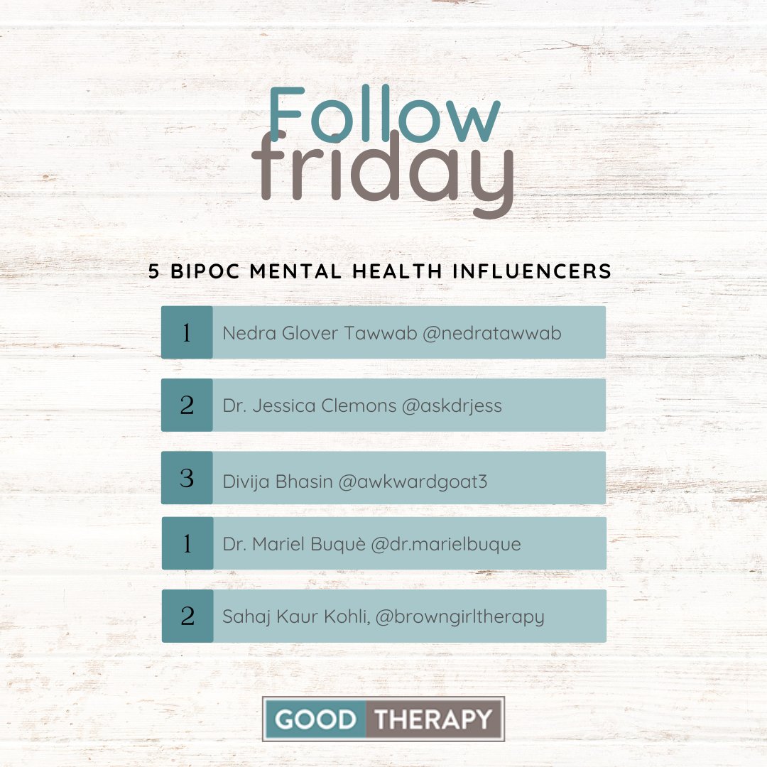 #FollowFriday: In honor of #NationalMinorityHealthAwarenessMonth, here are 5 #BIPOC Mental Health Influencers you can follow: @NedraTawwab @AskDrJess @awkwardgoat3 @drmarielbuque @BrownTherapy