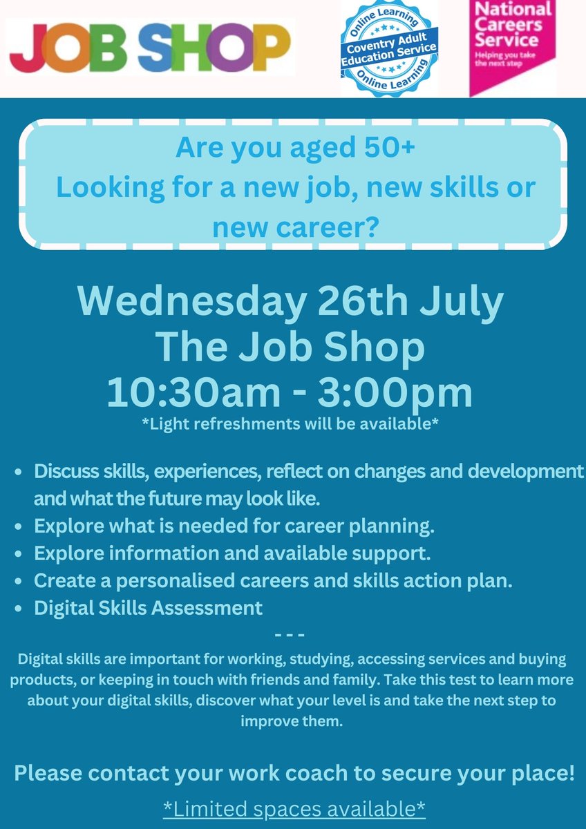 covjobsupport's tweet photo. ❔Are you aged 50+ and interested in improving your #DigitalSkills? 

📲Why not take a short assessment (30 multiple-choice questions) to determine your level!
Book your FREE space now‼️

#JobShop #CoventryCityCouncil #NCS https://t.co/clVCHekU4t