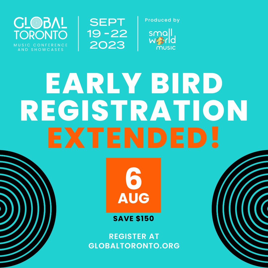 GlobalTOMusic's tweet photo. Heads up! GT23 Early Bird registration will be extended until August 6

Join us for our four-day conference filled with musical discovery, meaningful connections, and conversations geared toward making a sustainable, equitable and accessible music sector.

https://t.co/a6gvR9keDc https://t.co/LFoZppT7yh