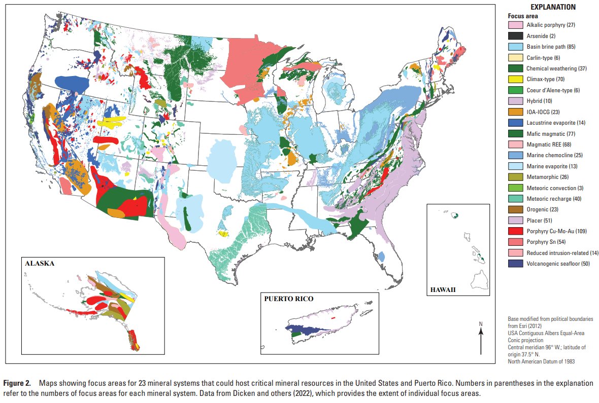 Big news! We have a national map of focus areas for 23 different mineral systems: ow.ly/XU6b50P1NuY This will be very important as we concentrate our efforts to identify and understand #CriticalMineral potential in this country. #Minerals