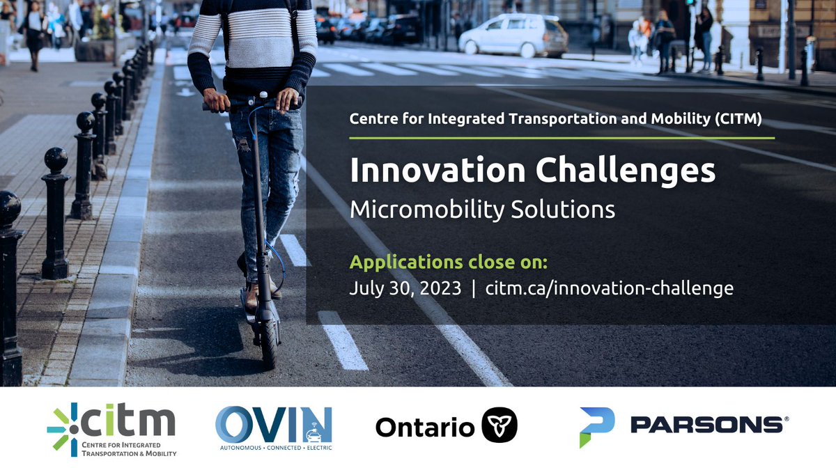 Hamilton HIVE (@hamiltonhive) on Twitter photo Are you an innovative #startup or #SME with a smart, connected #transportation solution?
Apply now for <a href="/CITM_Canada/">Centre for Integrated Transportation and Mobility</a>’s #micromobility & #mobility safety
#InnovationChallenge, partnership with <a href="/ParsonsCorp/">Parsons</a> &amp; <a href="/OVINhub/">OVINhub</a>. #IC2023 - Apply by July 30, 2023: citm.ca/innovation-cha… Are you an innovative #startup or #SME with a smart, connected #transportation solution?
Apply now for <a href="/CITM_Canada/">Centre for Integrated Transportation and Mobility</a>’s #micromobility & #mobility safety
#InnovationChallenge, partnership with <a href="/ParsonsCorp/">Parsons</a> &amp; <a href="/OVINhub/">OVINhub</a>. #IC2023 - Apply by July 30, 2023: citm.ca/innovation-cha…