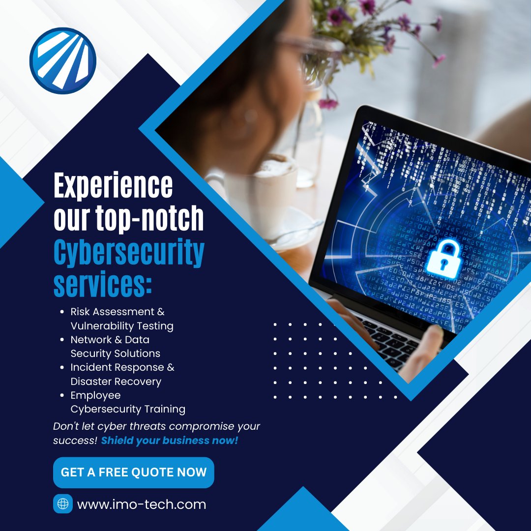 tech_imo's tweet image. Shield up! Protect your business with our top-notch Cybersecurity services:

✅ Risk Assessment &amp;amp; Vulnerability Testing
✅ Network &amp;amp; Data Security Solutions
✅ Incident Response &amp;amp; Disaster Recovery
✅ Employee Cybersecurity Training

#CyberSecurity #IMOtechsolutions #imotech