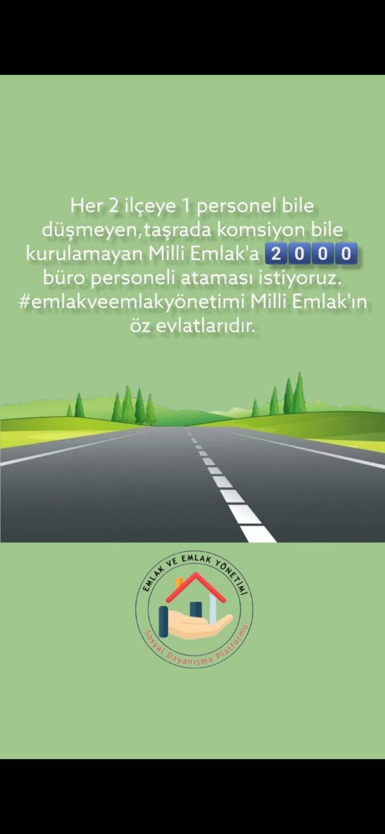 Sayın Cumhurbaşkanım, Diplomalarımızın karşılığını bulmasını istiyoruz. 
<a href="/csbgovtr/">T.C. Çevre, Şehircilik ve İklim Dğş. Bakanlığı</a> bağlı milli emlak personel alım dosyasının onaylanmasını bekliyoruz 
#emlakveemlakyönetimi 
<a href="/tcbestepe/">T.C. Cumhurbaşkanlığı</a>
<a href="/RTErdogan/">Recep Tayyip Erdoğan</a>
<a href="/mehmetozhaseki/">Mehmet Özhaseki</a>
<a href="/hasansuvertr/">Hasan Suver</a>
<a href="/fatmavarank/">Fatma Varank</a>
<a href="/tuzcuoglurefik/">Refik TUZCUOĞLU</a>
<a href="/cemilyalman/">Cemil Yalman</a>
<a href="/mgurler7/">MEHMET GÜRLER</a>