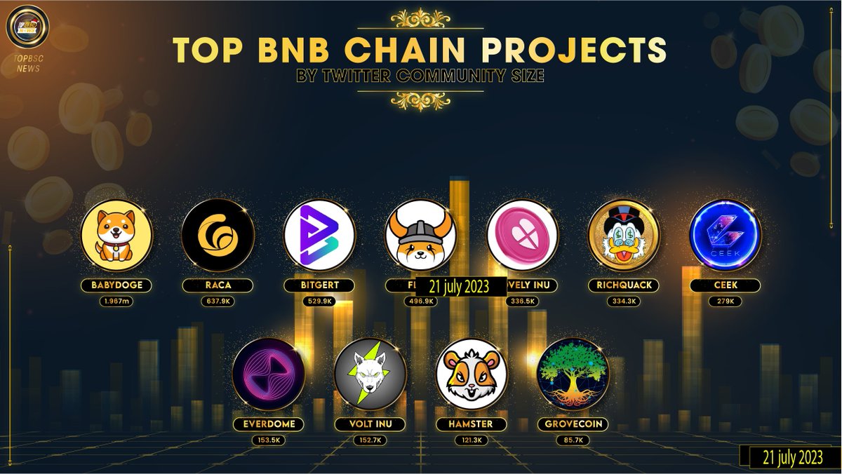 topbscnews's tweet image. TOP @BNBChain Projects by Twitter Community size 

#BABYDOGE @BabyDogeCoin
$RACA @RACA_3
$BRISE @bitgertbrise
$FLOKI @RealFlokiInu
$LOVELY @Lovely_finance
$QUACK @RichQuack
$CEEK @CEEK
$DOME @Everdome_io
$VOLT @VoltInuOfficial
$HAM  @_hamster_coin
$GRV @GroveToken

#topbscnews