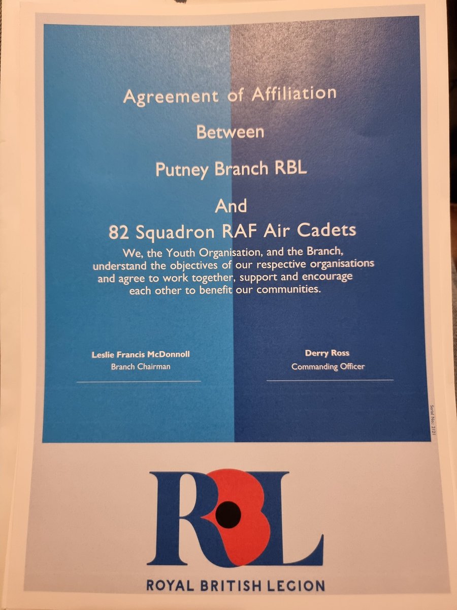 82 Sqn affiliated with Putney RBL ✅️
Sqn packed and ready for refurb ✅️
First parade night at 344 Sqn ✅️

Thanks to <a href="/344Fulham/">344 Fulham Squadron</a> for accommodating us during our refurb. Also, thank you to <a href="/PutneyRoyal/">Putney Royal British Legion</a> for our affiliation certificate, and look forward to supporting you soon!