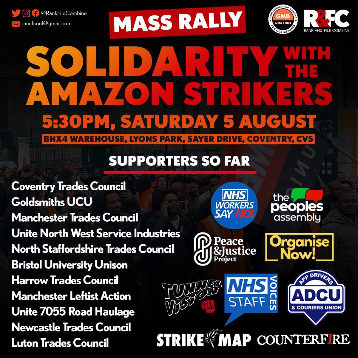 Our branch is supporting the strike solidarity rally with Amazon Strikers on Saturday 5th August. Coach details in the original tweet.