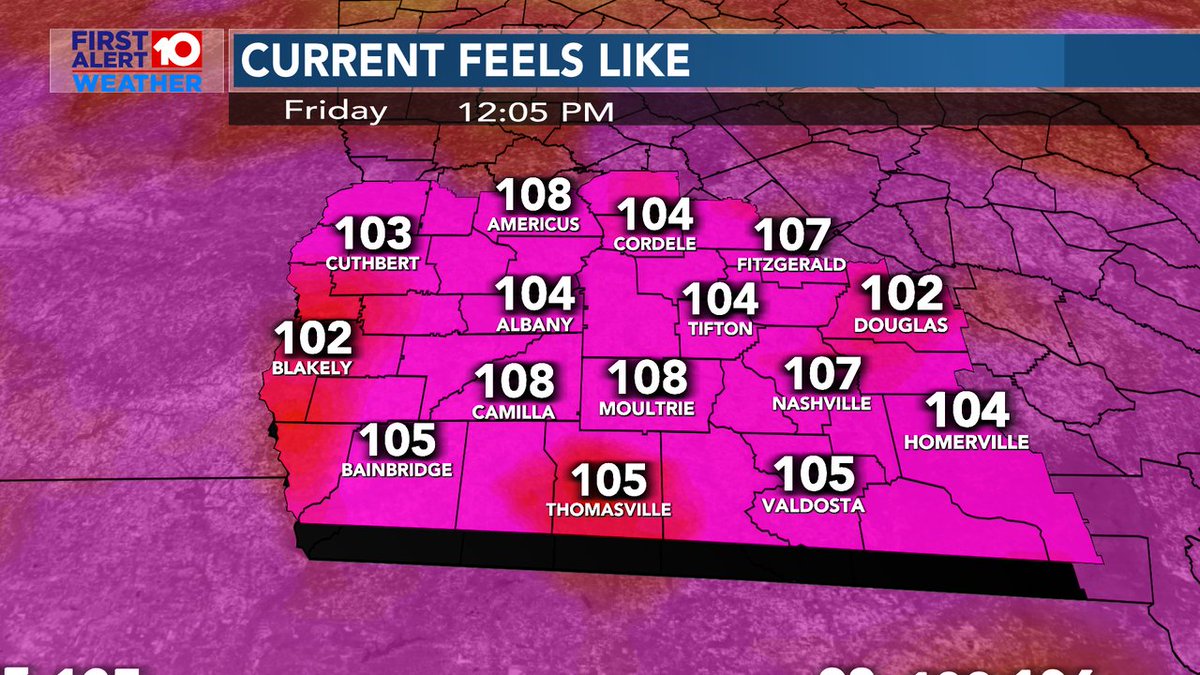 ChrisWALBwx's tweet image. Your noon heat index values are all 100+ with some already approaching 110. #HeatAdvisory #ExcessiveHeatWarning #SWGA #GaWx