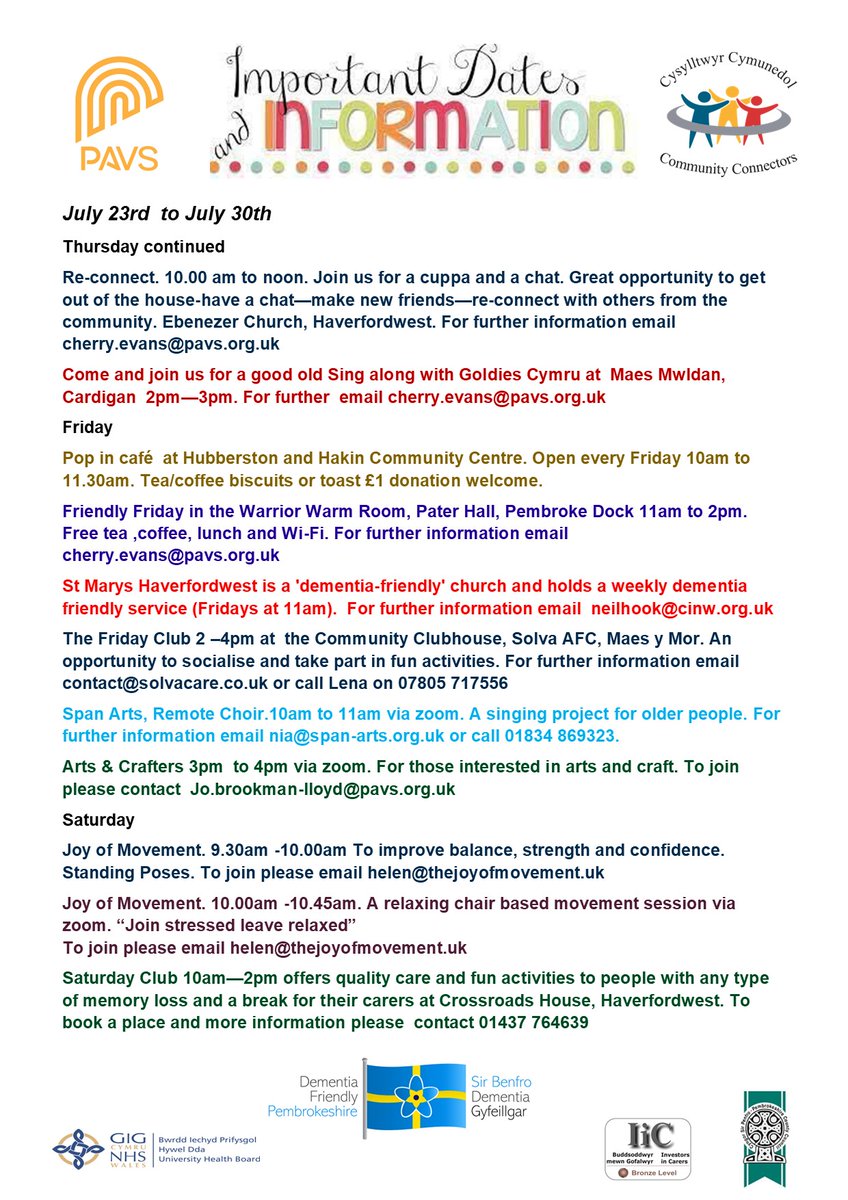 Wondering what you are going to do next week, then take a look at the following lists of opportunities to get out and about, to meet people, take part in interesting activities, to laugh and to have a great time. #dementia 
For further information email cherry.evans@pavs.org.uk