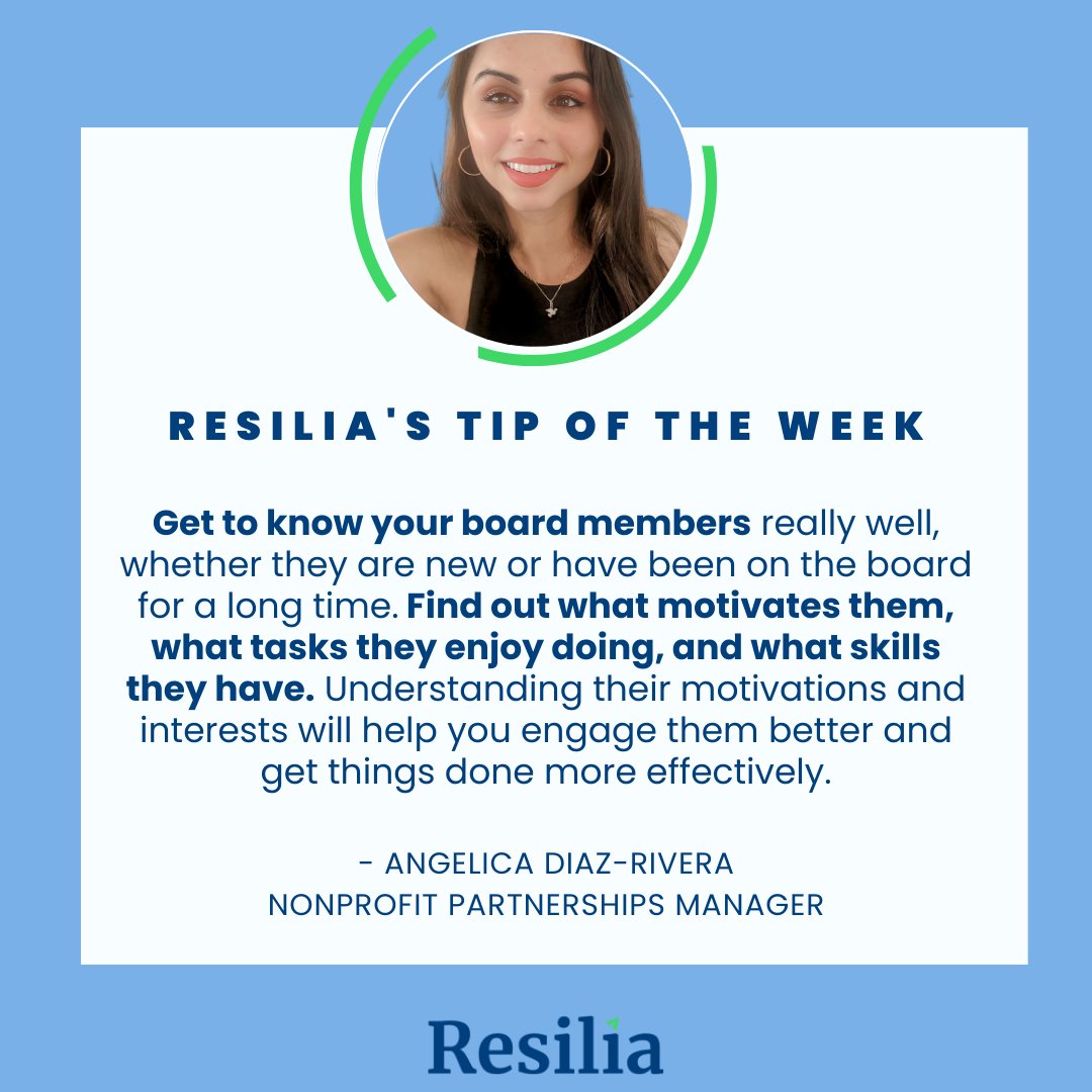 Resilia's #TipOfTheWeek will unleash the power of board engagement. 

Meet Angelica Diaz-Rivera, our passionate Nonprofit Partnership Manager, devoted to forging solid connections w/ nonprofits. Her dedication is to empower organizations to engage w/ their board members fully.