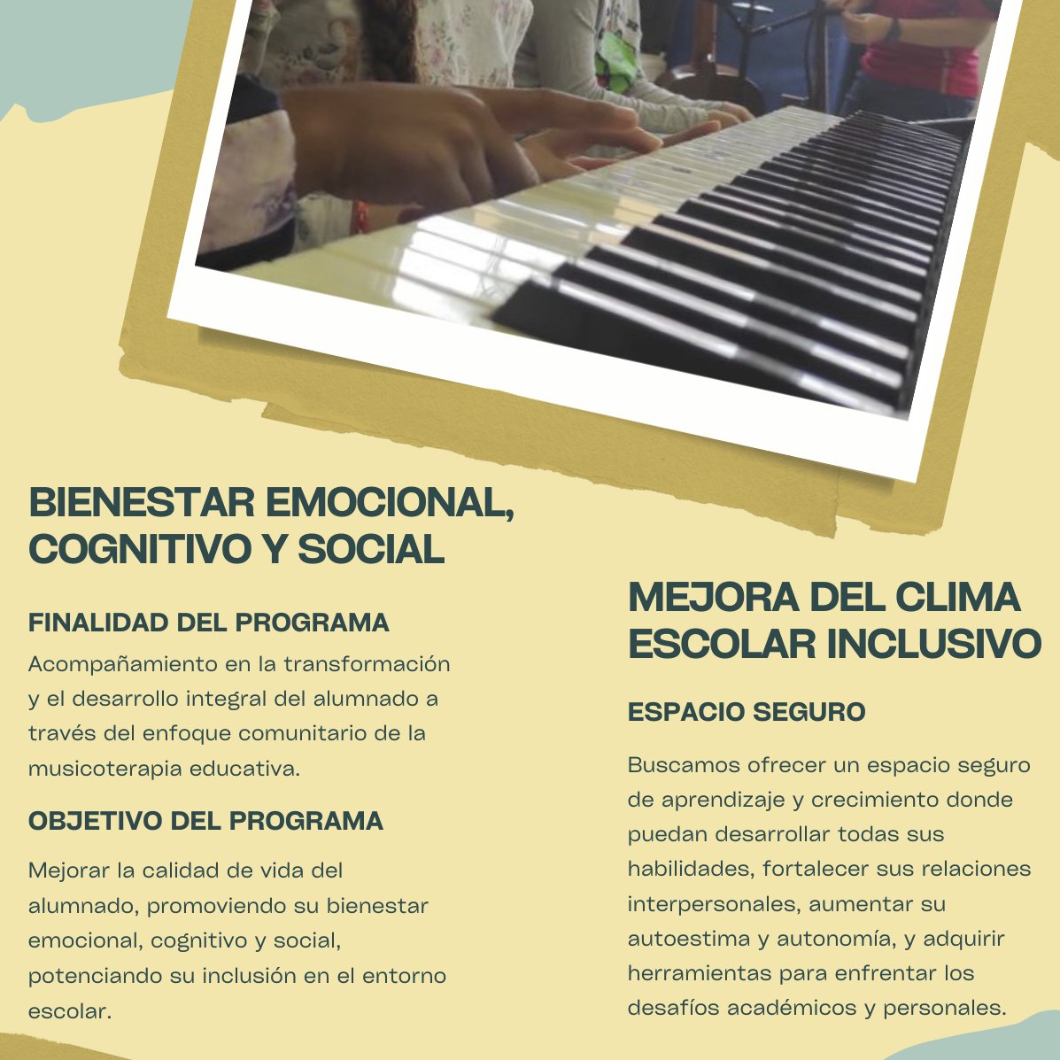 Después de la maravillosa experiencia con la clase de 4º de <a href="/colegioelgracia/">Colegio El Gracia</a> de Málaga, presentamos nuestro Programa de Musicoterapia Educativa !!

Ponemos en valor la estimulación  cognitiva y afectiva en las escuelas, con música, desde su visión  comunitaria y terapéutica.