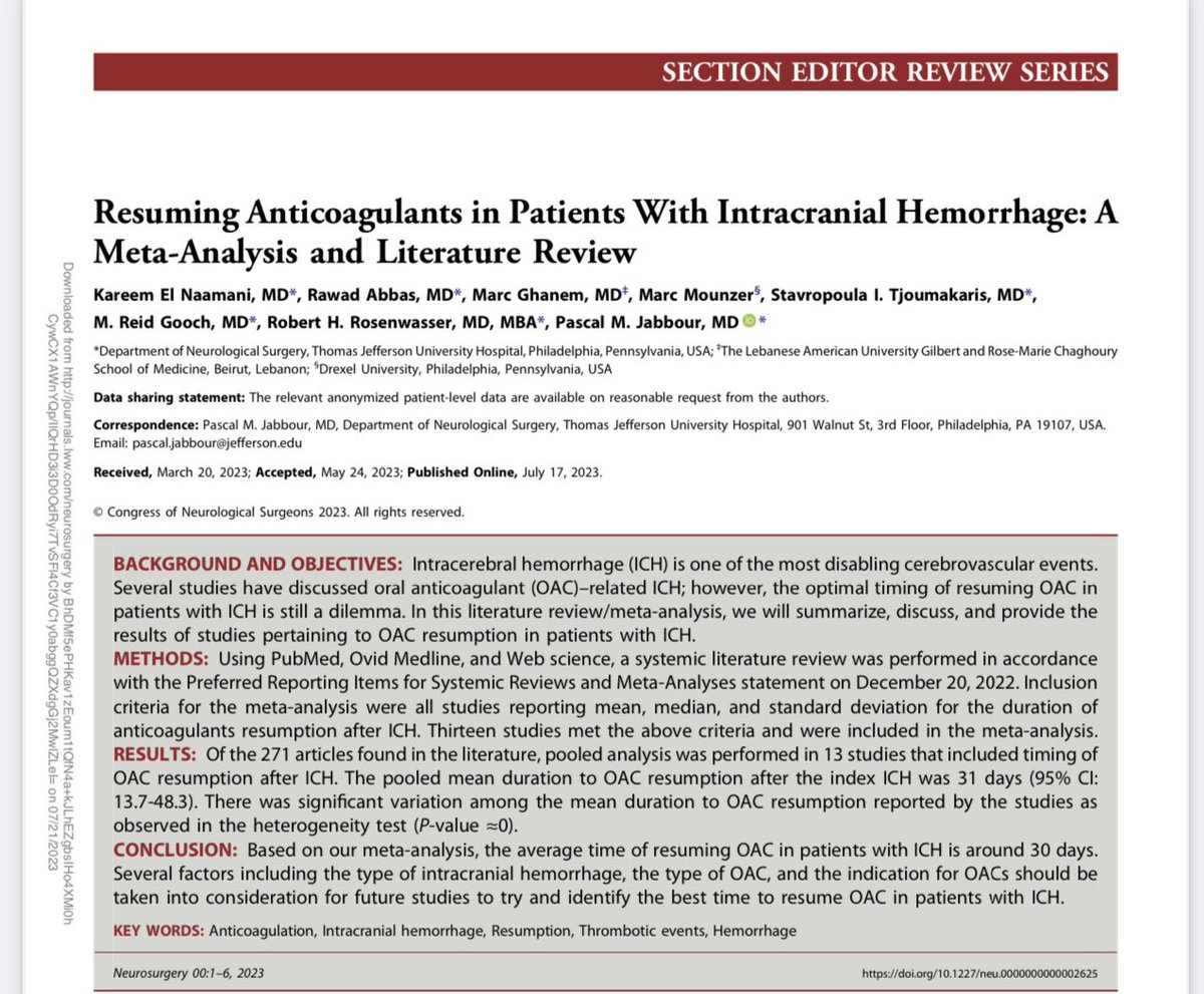 Pascal Jabbour MD, FAANS, FACS, FAHA (@pascaljabbourmd) on Twitter photo Optimal timing to resume anticoagulation after Intracranial Hemorrhage is a controversial topic ! Our latest paper reviewing the topic , definitely in need of a RCT. A shout out to our star research fellow <a href="/KareemNaamaniMD/">Kareem M. El Naamani, MD</a> <a href="/TJUHNeurosurg/">Jefferson Neurosurgery</a> <a href="/TJUHospital/">Jefferson Health</a>
journals.lww.com/neurosurgery/f… Optimal timing to resume anticoagulation after Intracranial Hemorrhage is a controversial topic ! Our latest paper reviewing the topic , definitely in need of a RCT. A shout out to our star research fellow <a href="/KareemNaamaniMD/">Kareem M. El Naamani, MD</a> <a href="/TJUHNeurosurg/">Jefferson Neurosurgery</a> <a href="/TJUHospital/">Jefferson Health</a>
journals.lww.com/neurosurgery/f…