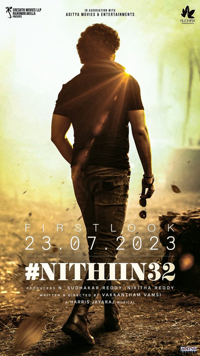 Witness the magic unfold with #Nithiin32’s first look on July 23rd ❤️‍🔥 The countdown begins! 🤩 @actor_nithiin @sreeleela14 @vamsivakkantham @Jharrisjayaraj #SudhakarReddy #NikhithaReddy  @SreshthMovies @adityamusic