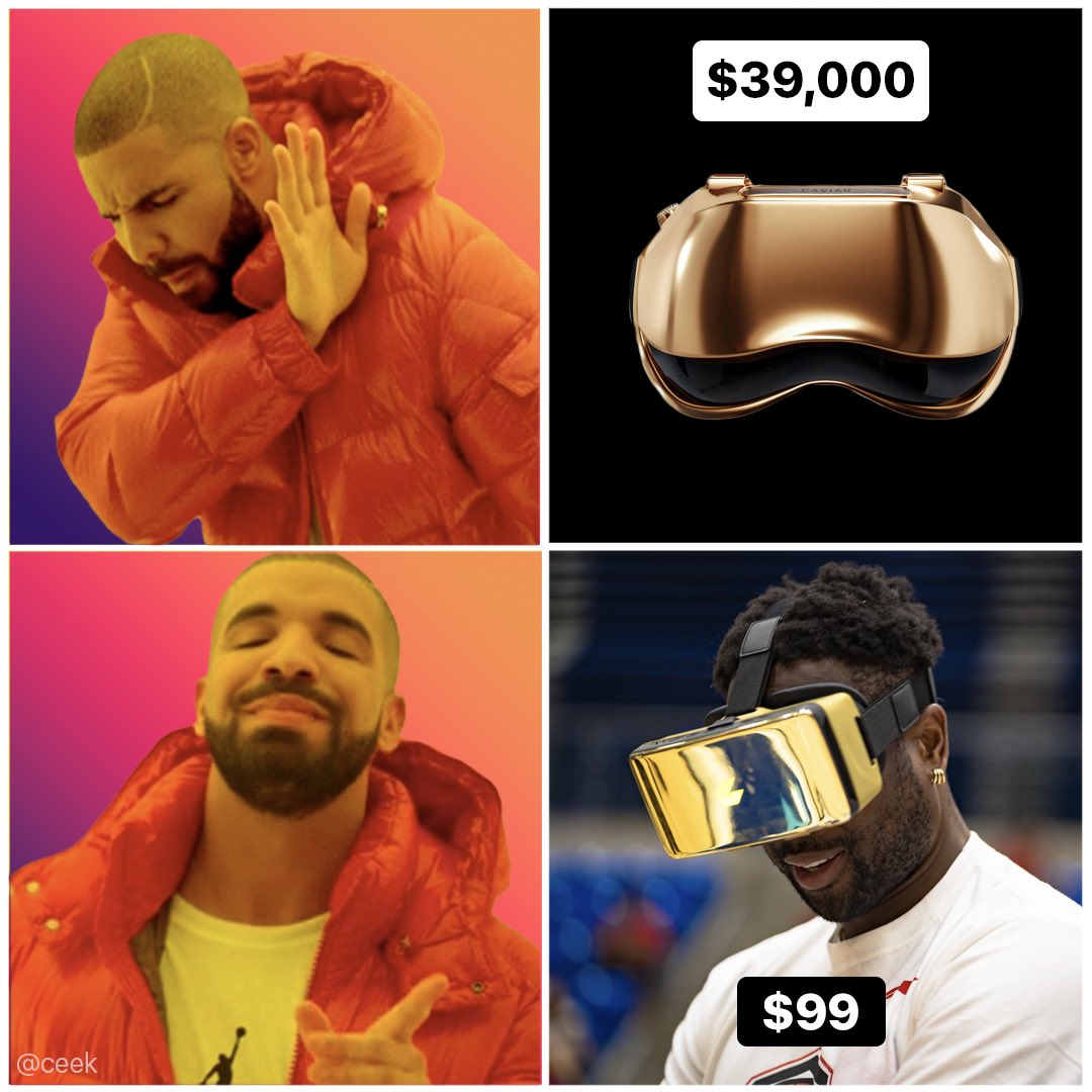 A golden Apple #VisionPro costs $39,000 🙀. 

That can only mean one thing.  

#VRmemes #CEEKVR #VRheadset #Drake