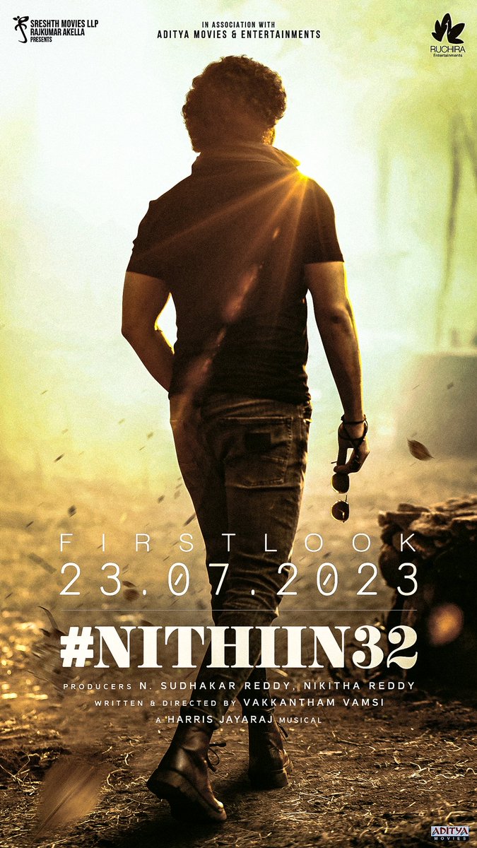 Witness the magic unfold with #Nithiin32’s first look on July 23rd ❤️‍🔥

The countdown begins! 🤩

@actor_nithiin @sreeleela14 @vamsivakkantham 
@Jharrisjayaraj #SudhakarReddy #NikhithaReddy  @SreshthMovies @adityamusic