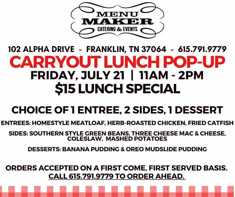 MenuMakerCaters's tweet image. Carryout Pop-Up Today
11am-2pm
Fried catfish, meatloaf, roasted chicken and more