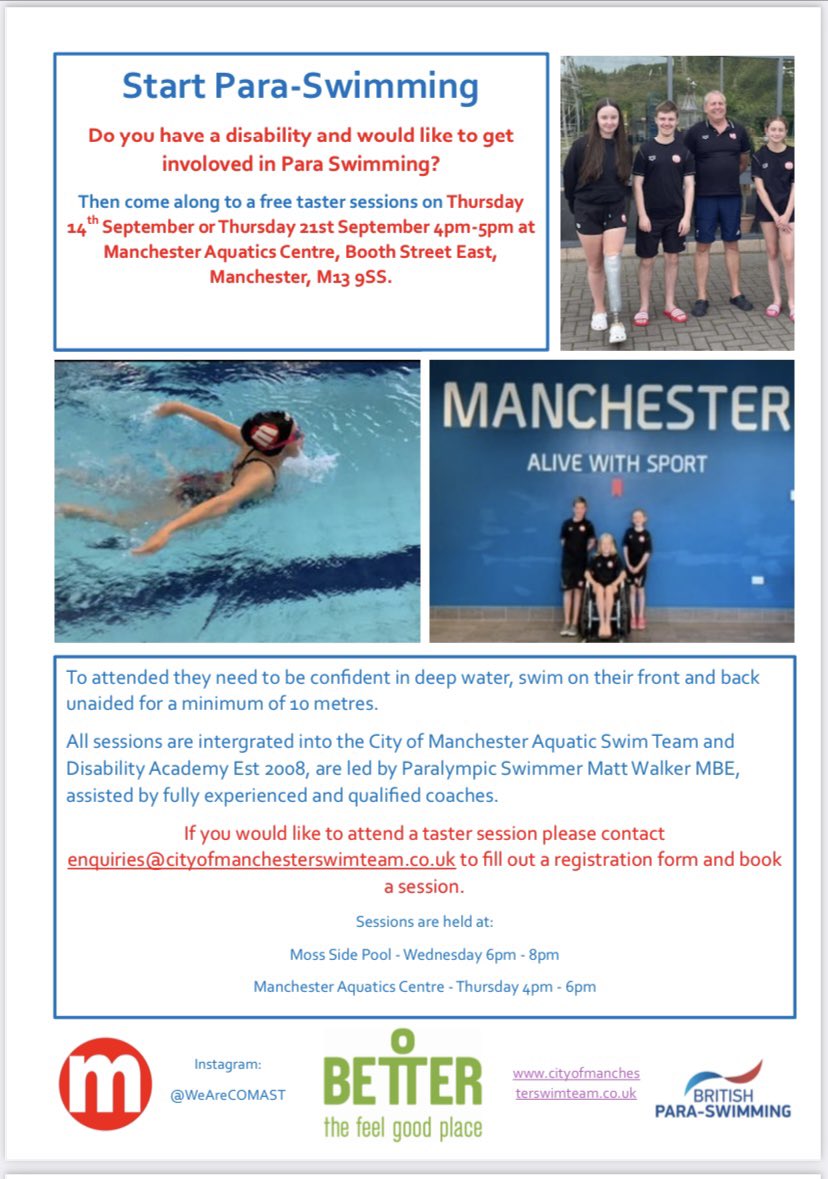 CoManchAq's tweet image. Do you have a disability and would like to get into Para Swimming? 

Details below for our taster sessions. 

@SwimEnglandNW 
@Better_Mcr 
@Sw_EngParaSwim 
@ManCityCouncil
