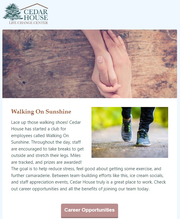 Check out our July e-newsletter at gem.godaddy.com/p/39d3c61. Be sure to subscribe to our emails to stay connected to what's new at Cedar House. #cedarhousenews #recoverywithinreach