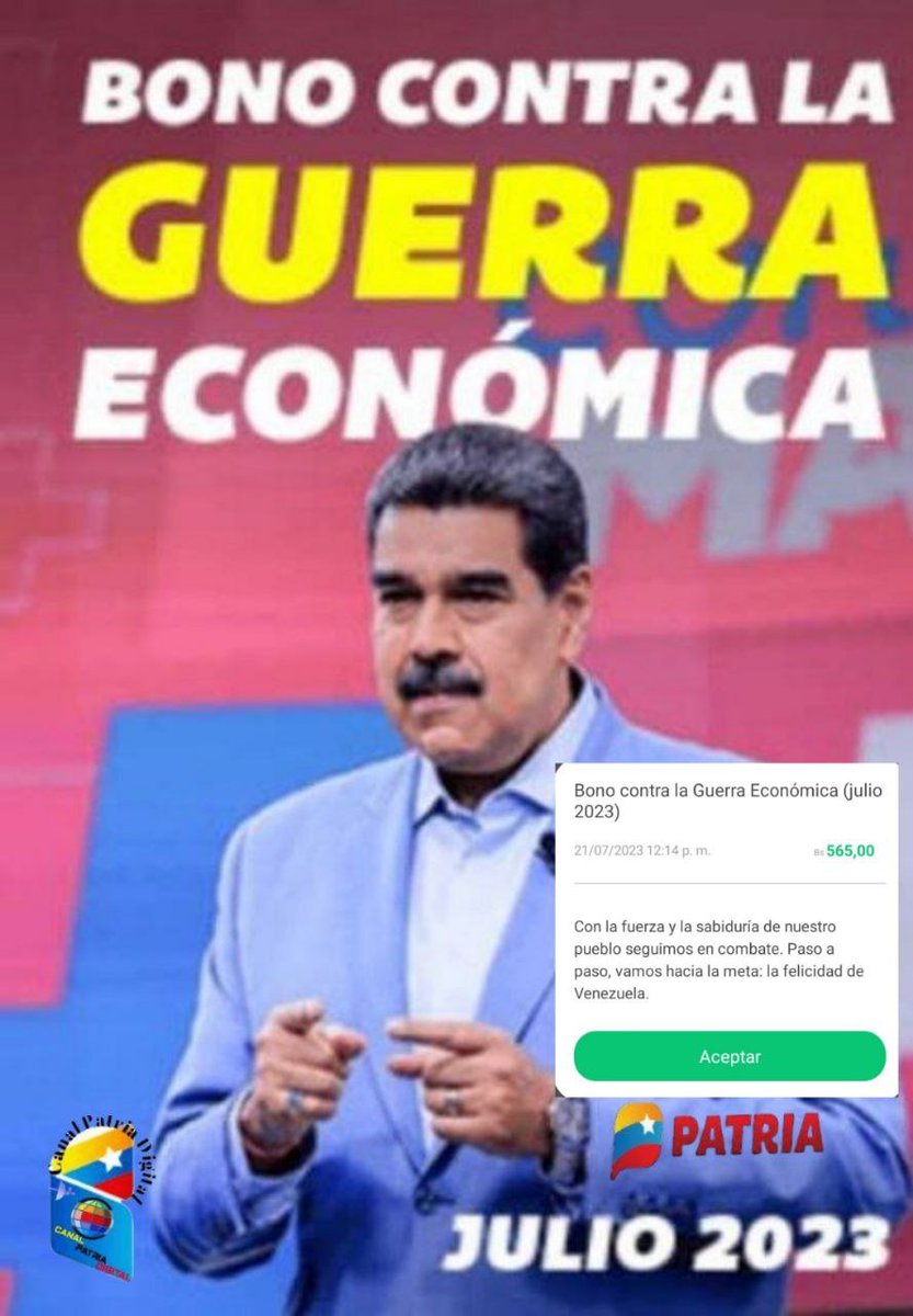 canalpatriadig's tweet photo. #AHORA

Inicia la entrega del Bono Contra la Guerra Económica julio 2023 a  través del Sistema  @CarnetDLaPatria, para los pensionados y pensionadas de la Patria.#IVSS

✅ MONEDERO PATRIA: CREDITO por Bs 565,00 Bs.

#PoesíaLenguajeUniversal https://t.co/M0gzJpMAAR