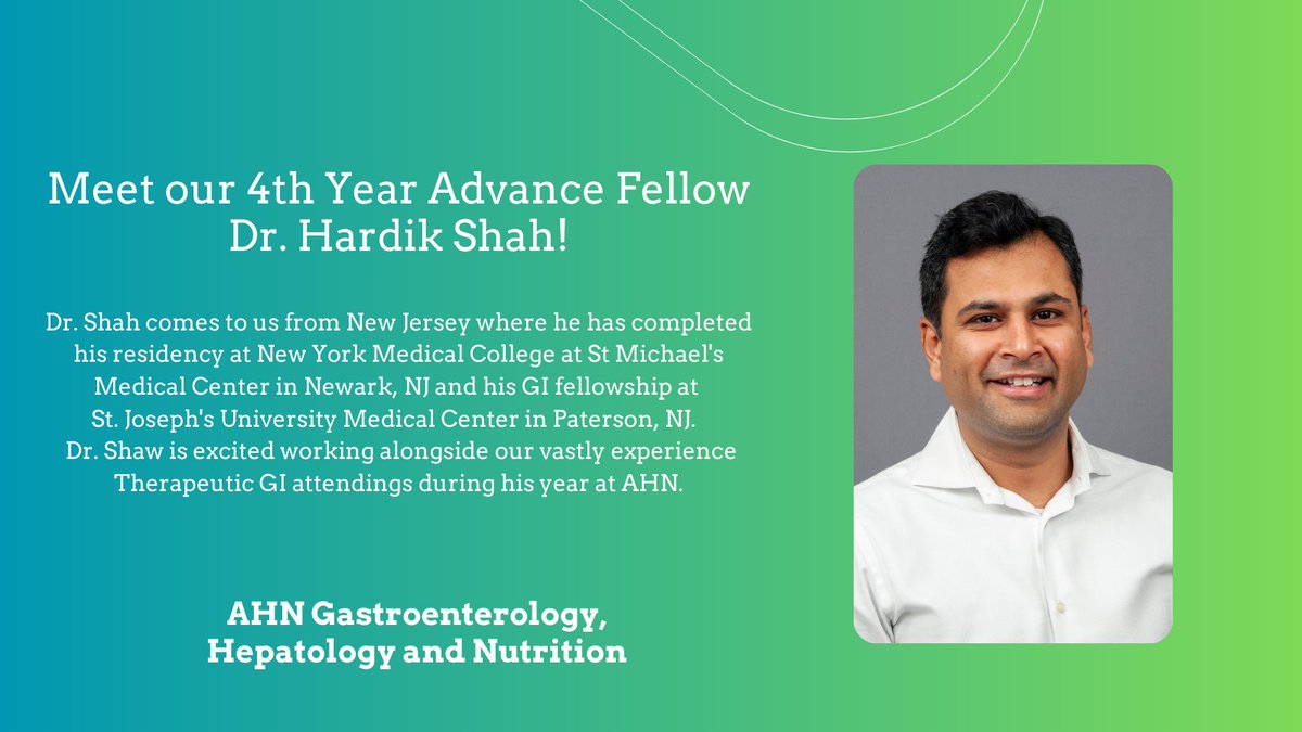 For the next 2 weeks @AHNGastro will be introducing new faces that will be seen around the hospitals of @AHNtoday! Please welcome our new 4th year Therapeutic Fellow this year Dr. Shah! #GITwitter #welcome #fellowship #advanceendoscopy