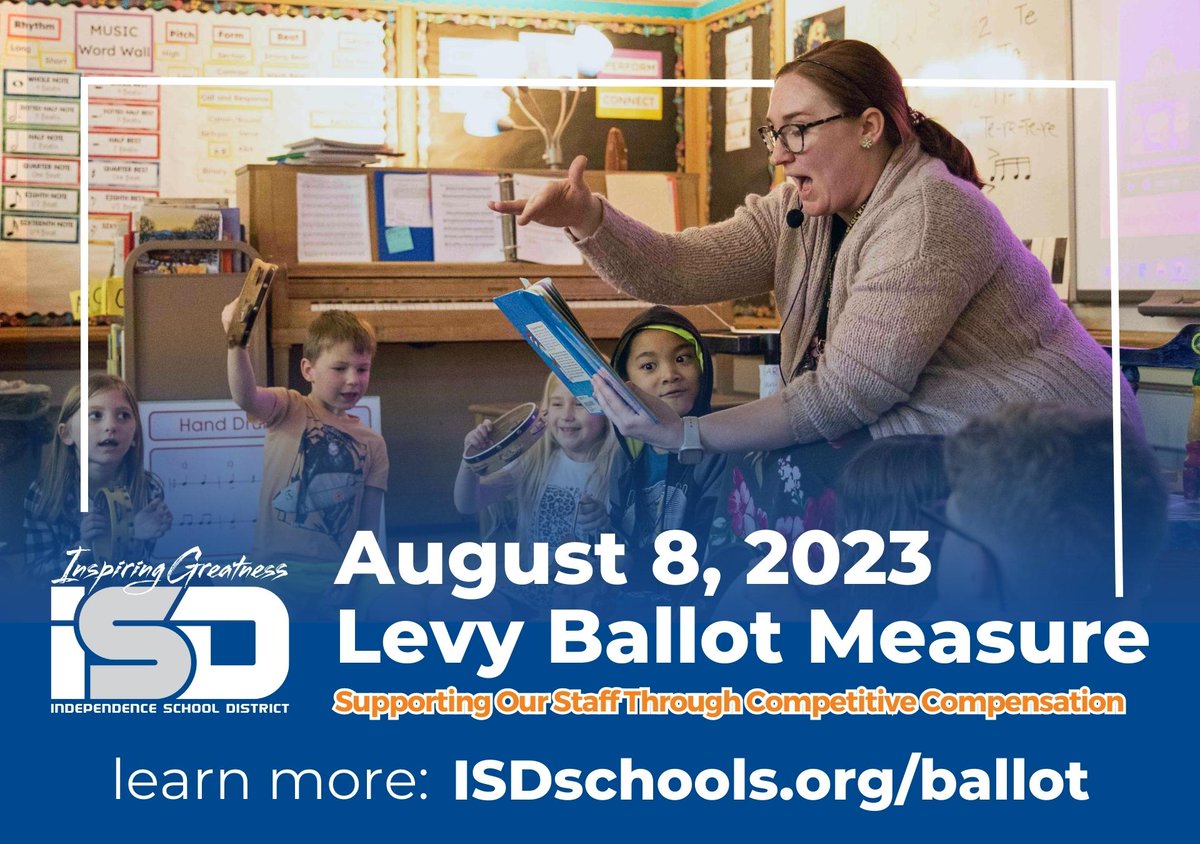 The ISD has placed a Levy Ballot Measure on the August 8, 2023 ballot. The measure would allow the district to improve staff salaries and benefits, create additional staff positions, and help fill hard-to-staff positions. #ISDstrong
Learn more: isdschools.org/ballot.