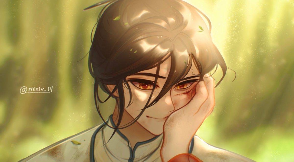 1boy hand on another's face blurry background hand on another's cheek chinese clothes hair between eyes blurry  illustration images