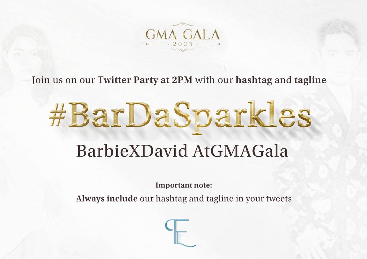 Are you ready for it?

Make sure to be here at 2pm today and join the twitter party for our beloved, Barbie and David! ✨

-Make sure to use the CORRECT official tags
-Start creating your drafts
-Hype BarDa up!

OFFICIAL TAGS:
BarbieXDavid AtGMAGala
#️⃣BarDaSparkles