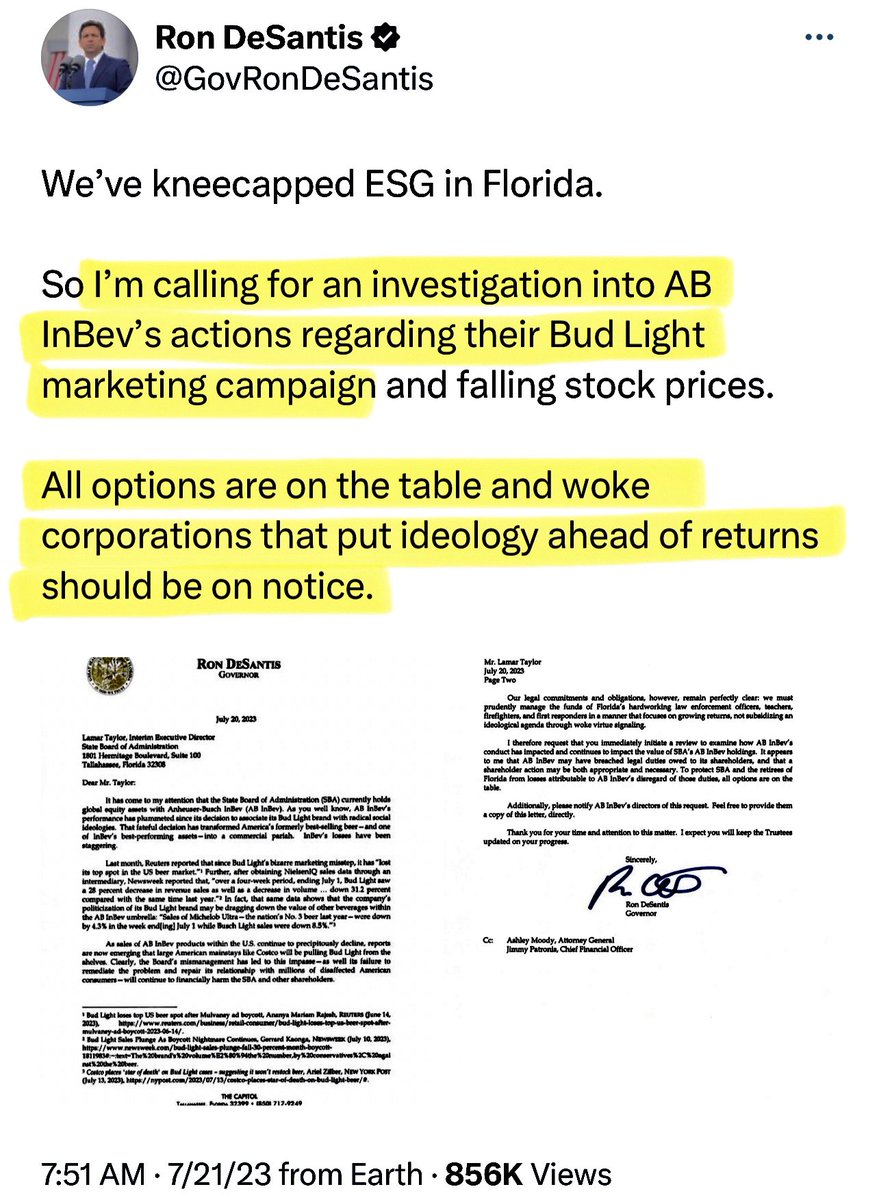 🚨 Attention Florida Businesses 🚨

Ron DeSantis is putting you “notice”. If you market to LGBTQ consumers, he will use the full power of the state to go after you.

“All options are on the table” for government retaliation on private businesses in the “free” state of Florida.