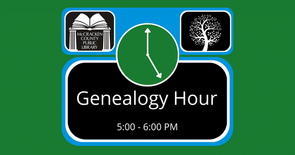 McCracken Co Library (@mclibdotnet) on Twitter photo Join Local & Family History staff today at 5 PM for help answering questions pertaining to genealogical and historical research. Call 270-442-2510 x124 or email questions@mclib.net for more information. Join Local & Family History staff today at 5 PM for help answering questions pertaining to genealogical and historical research. Call 270-442-2510 x124 or email questions@mclib.net for more information.