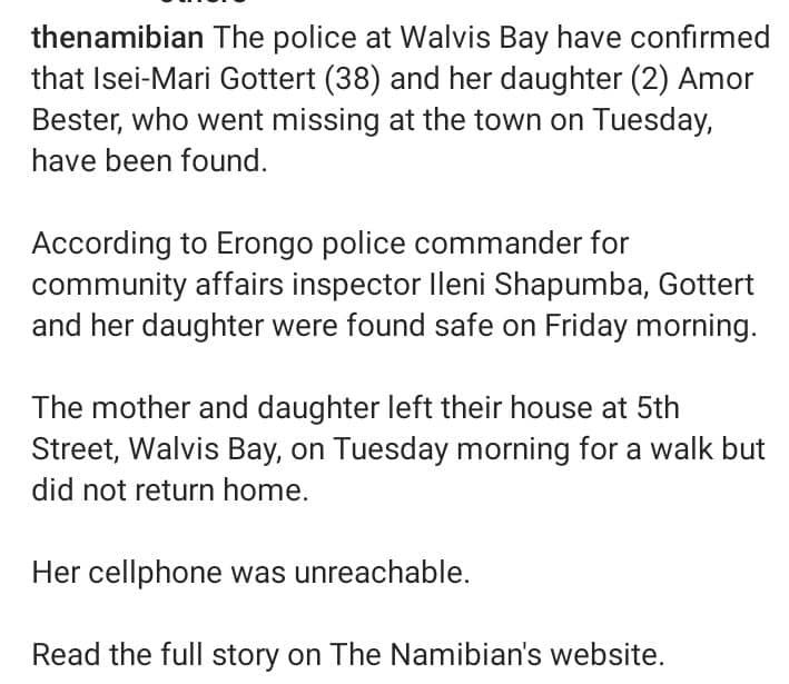 UnitMissing's tweet photo. #UPDATE: it is confirmed by the police that Isei and her daughter has been found and safe home. Thank you for your advocacy . #MPUN2023 @namibianpolice @thena https://t.co/oUHNaCrO0G