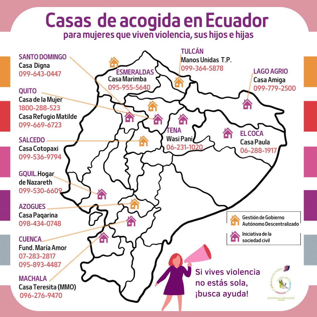 📢 ¡Importante! Si necesitas ayuda o conoces a alguien que vive #ViolenciaDeGénero en #Ecuador, estas 🏠#CasasDeAcogida brindan apoyo y protección.

Recuerda #NoEstásSola ¡Comparte la información para que llegue a quienes la necesiten! 

Juntas #LibresYSeguras