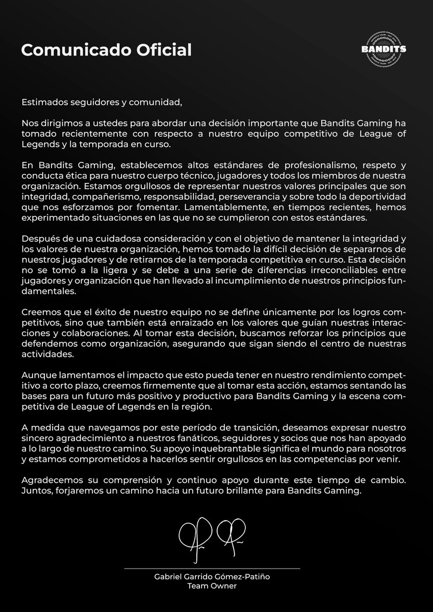 banditsgaming_'s tweet photo. Comunicado oficial. https://t.co/nOSGbiqD3P