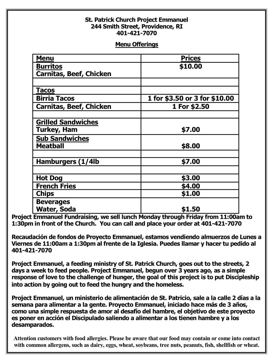 catholicmamaRI's tweet image. The updated menu for our Project Emmanuel fundraiser!
Stop by St. Patrick Church, 244 Smith St., Providence, for a delicious lunch from Monday-Friday, 11:00am-1:30pm, and help St. Patrick feed the hungry in the Providence area. God bless you! #Providence #WorkOfMercy