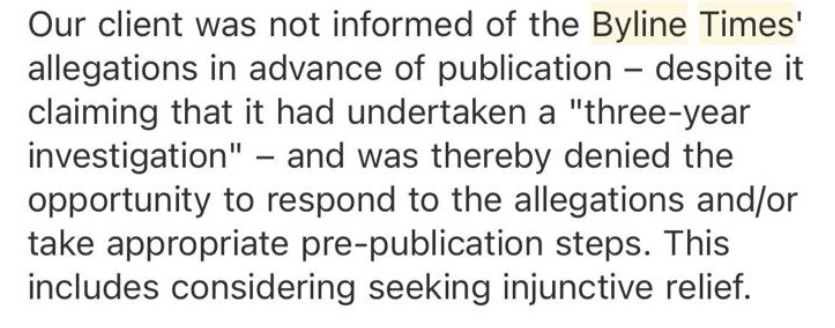 BylineTimes's tweet photo. Meanwhile, Wootton's lawyers have made this blatantly false claim to other media organisations about Byline Times. 

They say "our client was not informed of Byline Times allegations in advance". How come we could cited them when we published the article then? https://t.co/aRHN3ruGcD