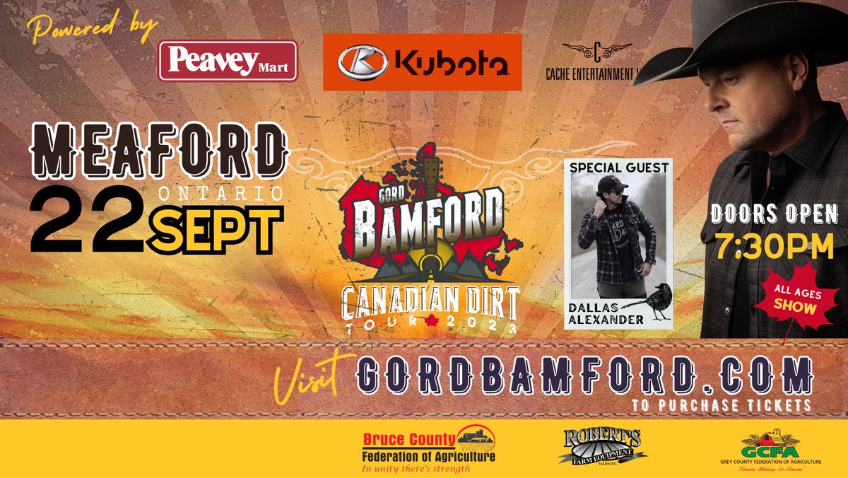 It's time we kicked back! Join us in #Meaford on September 22, 2023, and in #Neustadt on September 23, 2023, at the @GordBamford Canadian Dirt Tour. 🎶🤠 Get your tickets: 
Meaford showpass.com/gord-bamford-c…
Neustadt showpass.com/gord-bamford-c…
#GordBamford #RFE #Kubota