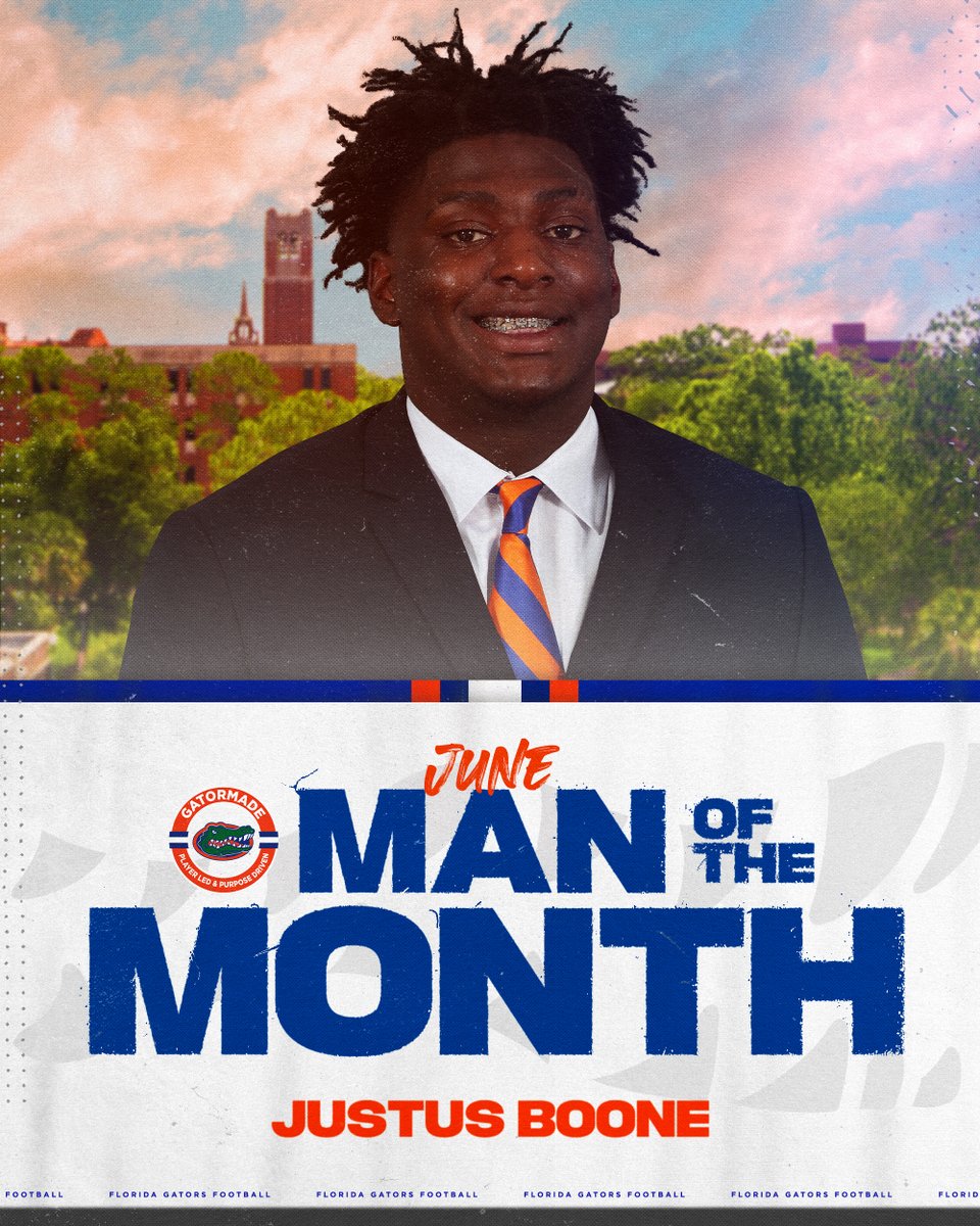 Congratulations to June's #GatorMade @DannyWuerffel Man of the Month, @justusboone6 ! This award is presented to the scholar-athlete who demonstrates holistic excellence in character, academics, service, and leadership.