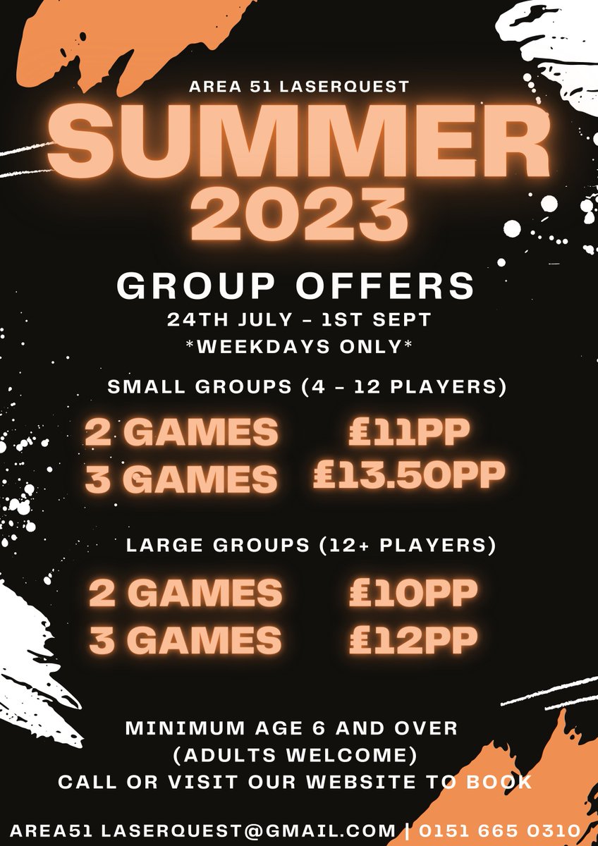 Looking to come down this summer, why not grab a few friends and take advantage of our group discounts.

Available 24July-1Sept | 12pm-6pm | Weekdays ONLY!

For more information call us on 0151 665 0310