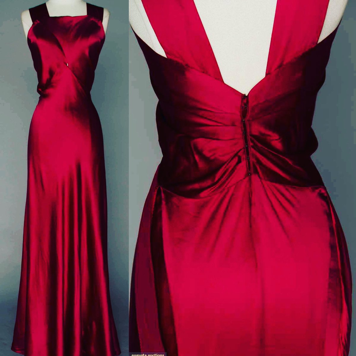 Try saying claret coloured satin three times fast….what a gown, #biascut thirties slink skimming the wearer beneath in the boldest of colours. The exposed back was entirely on trend for the decade that began to worship at the altar of the athletic body @AugustaAuction #1930s