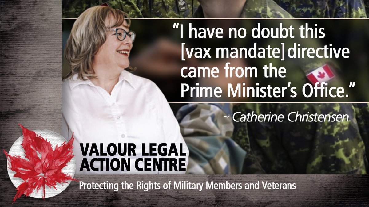 “I have no doubt this [vax mandate] directive came from the Prime Minister’s Office.”
~ Catherine Christensen
Barrister and Solicitor
Owner/Founder
ValourLegalActionCentre.org
#droitsdelacharte
#military  #militaire
#militarylaw #loimilitaire
#droitsconstitutionnels