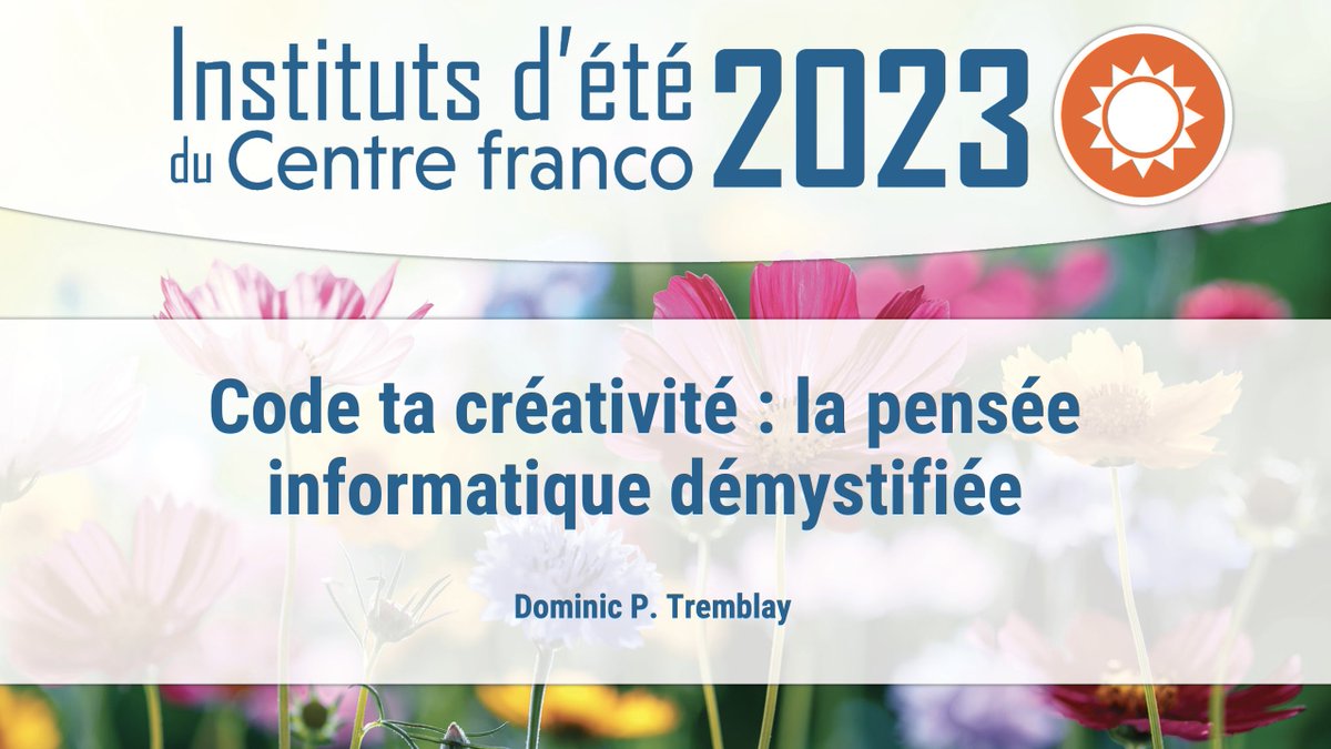 Dominic P. Tremblay (@d_tremblay) on Twitter photo Je viens de terminer de préparer le contenu pour cet atelier qui sera offert dans le cadre des Instituts d'été du Centre Franco le 17 août à 9 h. On y discutera de pensée informatique (computationnelle) et de conception universelle de l'apprentissage.
<a href="/LeCentrefranco/">Le Centre franco</a> Je viens de terminer de préparer le contenu pour cet atelier qui sera offert dans le cadre des Instituts d'été du Centre Franco le 17 août à 9 h. On y discutera de pensée informatique (computationnelle) et de conception universelle de l'apprentissage.
<a href="/LeCentrefranco/">Le Centre franco</a>