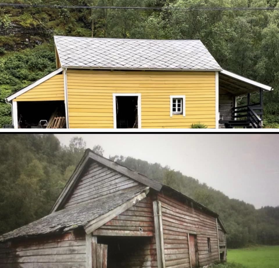 Før - etter - «Røykstuelåven» på Vellene. Gjenbruk av komplett røykstue som fjøs der røykstua kan stadfestes tilbake til 1600-tallet. Verneverdig  regionalt kulturminne skriver kultursjefen i Fjaler kommune!
Her blir det utstilling og forestilling 29-30 juli !