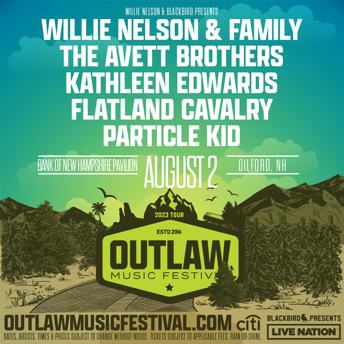 BankNH Pavilion (@banknhpavilion) on Twitter photo The Outlaw Music Festival is 🎵Always On My Mind🎵 until it comes to Gilford on August 2nd!
Don't miss <a href="/WillieNelson/">Willie Nelson</a>, <a href="/theavettbros/">The Avett Brothers</a>, <a href="/kittythefool/">Kathleen Edwards</a>, <a href="/FlatlandCavalry/">Flatland Cavalry</a>, & more!
Get tickets today! 🎟 bnhp.us/2ue
Part of The <a href="/Eastern1932/">Eastern Propane & Oil</a> 2023 Concert Series The Outlaw Music Festival is 🎵Always On My Mind🎵 until it comes to Gilford on August 2nd!
Don't miss <a href="/WillieNelson/">Willie Nelson</a>, <a href="/theavettbros/">The Avett Brothers</a>, <a href="/kittythefool/">Kathleen Edwards</a>, <a href="/FlatlandCavalry/">Flatland Cavalry</a>, & more!
Get tickets today! 🎟 bnhp.us/2ue
Part of The <a href="/Eastern1932/">Eastern Propane & Oil</a> 2023 Concert Series