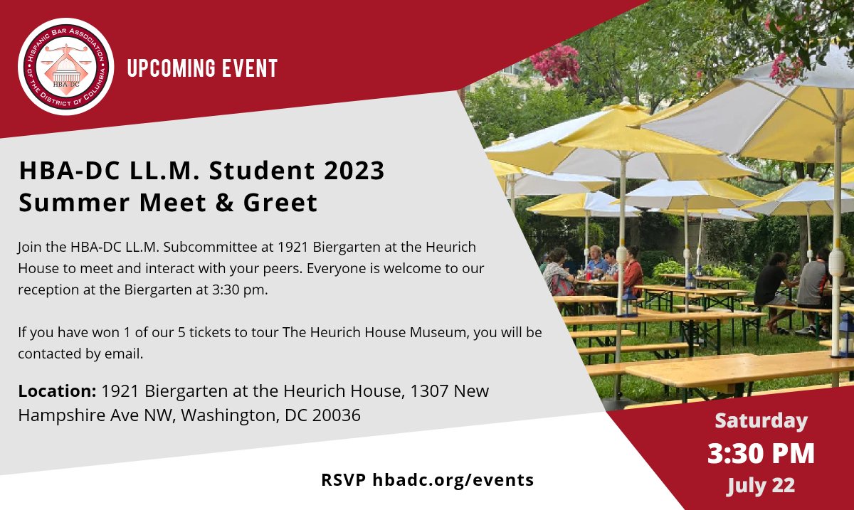 LL.M. STUDENTS: See you Saturday, July 22nd at 1921 Biergarten at the Heurich House for a Summer Meet &amp; Greet! The reception at the Biergarten will be at 3:30 pm. If you have won a tour of The Heurich House Museum, you will be contacted by email. RSVP: hbadc.org/events/EventDe…