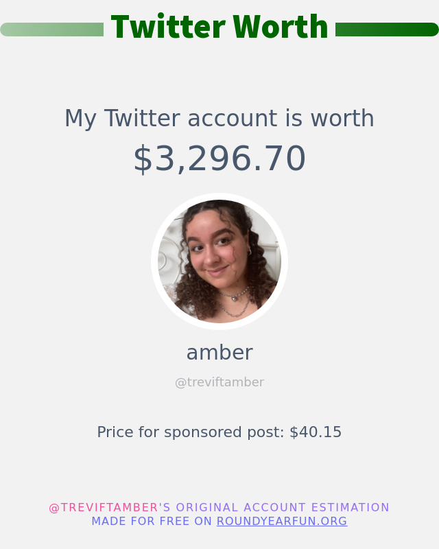 treviftamber's tweet photo. My Twitter worth is: $3,296.70

➡️ https://t.co/qNLrsL8xXs https://t.co/4AeMZrEQyw